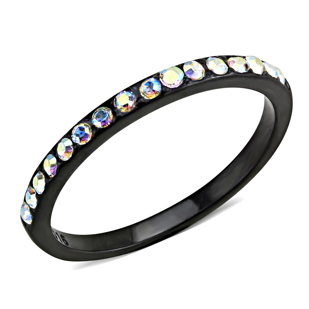 JCE3556 IP Black(Ion Plating) Stainless Steel Ring with Top Grade Crystal  in Aurora Borealis (Rainbow Effect)