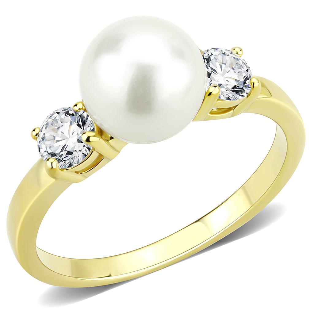 JCE3567 IP Gold(Ion Plating) Stainless Steel Ring with Synthetic Pearl in White