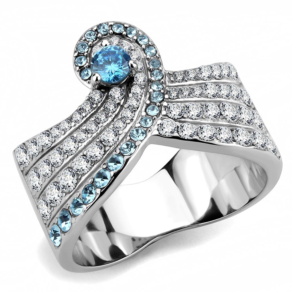 JCE3572 No Plating Stainless Steel Ring with AAA Grade CZ  in Sea Blue