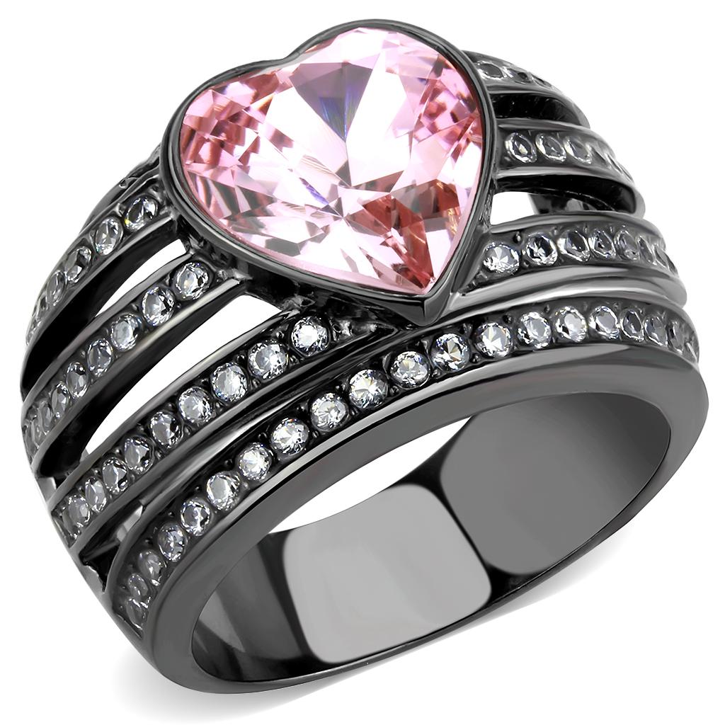 JCE3686 IP Black(Ion Plating) Stainless Steel Ring with Top Grade Crystal  in Light Rose