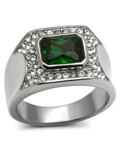 JCE590 High polished (no plating) Stainless Steel Ring with Synthetic Synthetic Glass in Emerald
