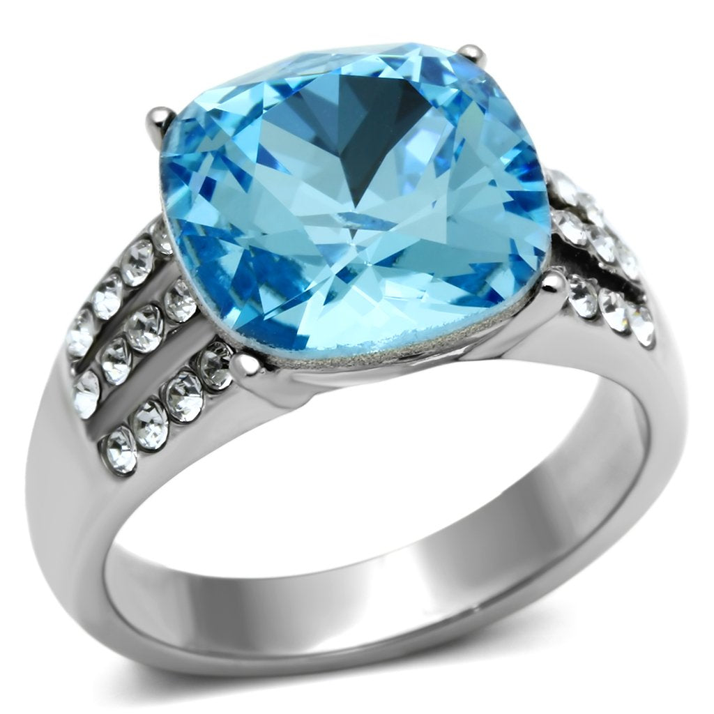 JCE647 High polished (no plating) Stainless Steel Ring with Top Grade Crystal  in Sea Blue