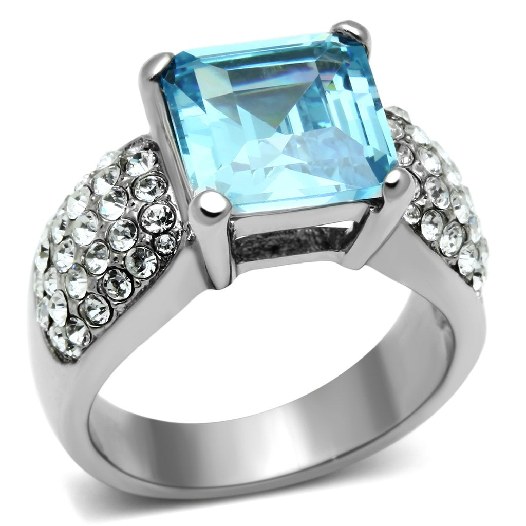 JCE648 High polished (no plating) Stainless Steel Ring with Top Grade Crystal  in Sea Blue