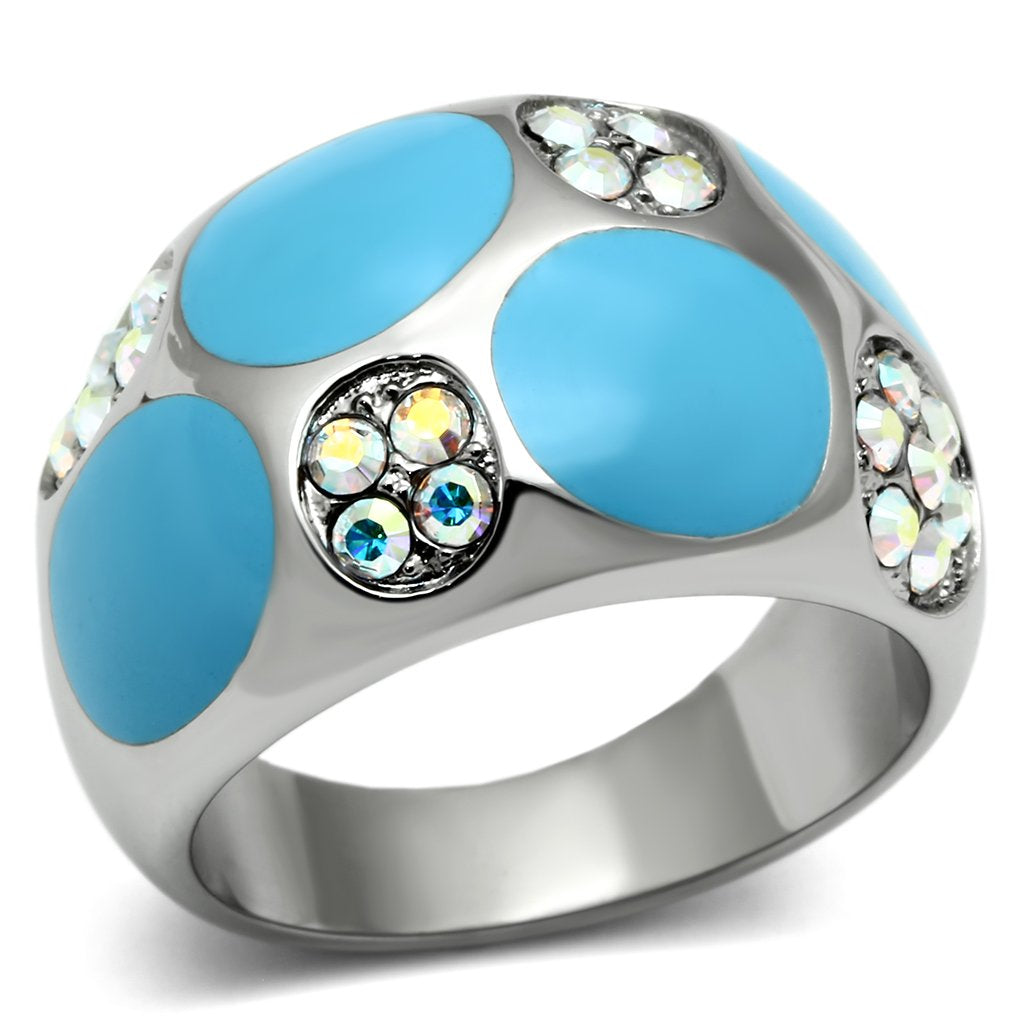 JCE687 High polished (no plating) Stainless Steel Ring with Top Grade Crystal  in Aurora Borealis (Rainbow Effect)