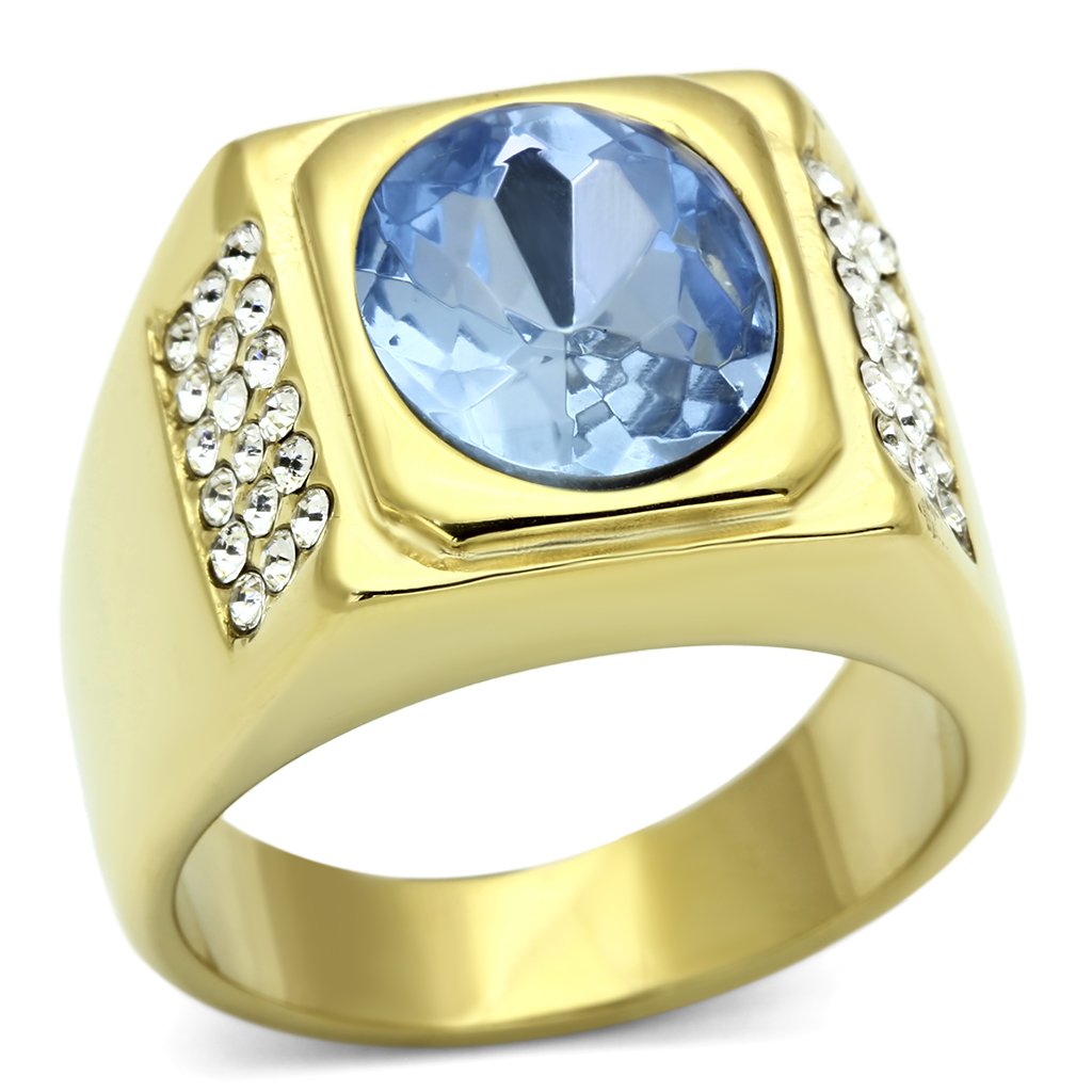 JCE730 IP Gold(Ion Plating) Stainless Steel Ring with Synthetic Synthetic Glass in Light Sapphire