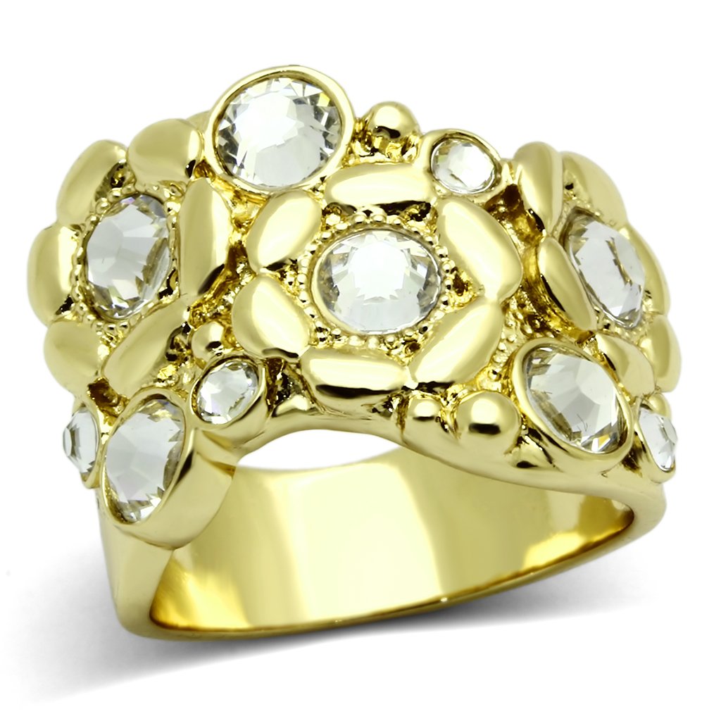JCE856 IP Gold(Ion Plating) Stainless Steel Ring with Top Grade Crystal  in Clear