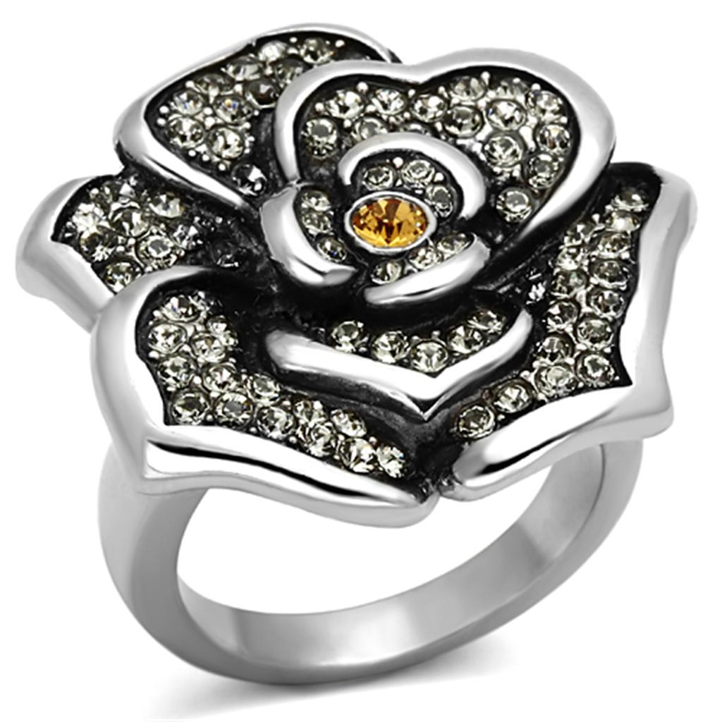 JCE924 High polished (no plating) Stainless Steel Ring with Top Grade Crystal  in Topaz