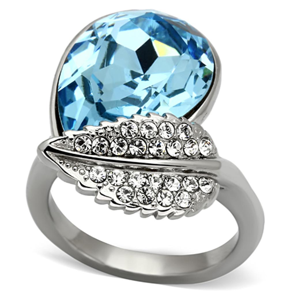 JCE930 High polished (no plating) Stainless Steel Ring with Top Grade Crystal  in Sea Blue