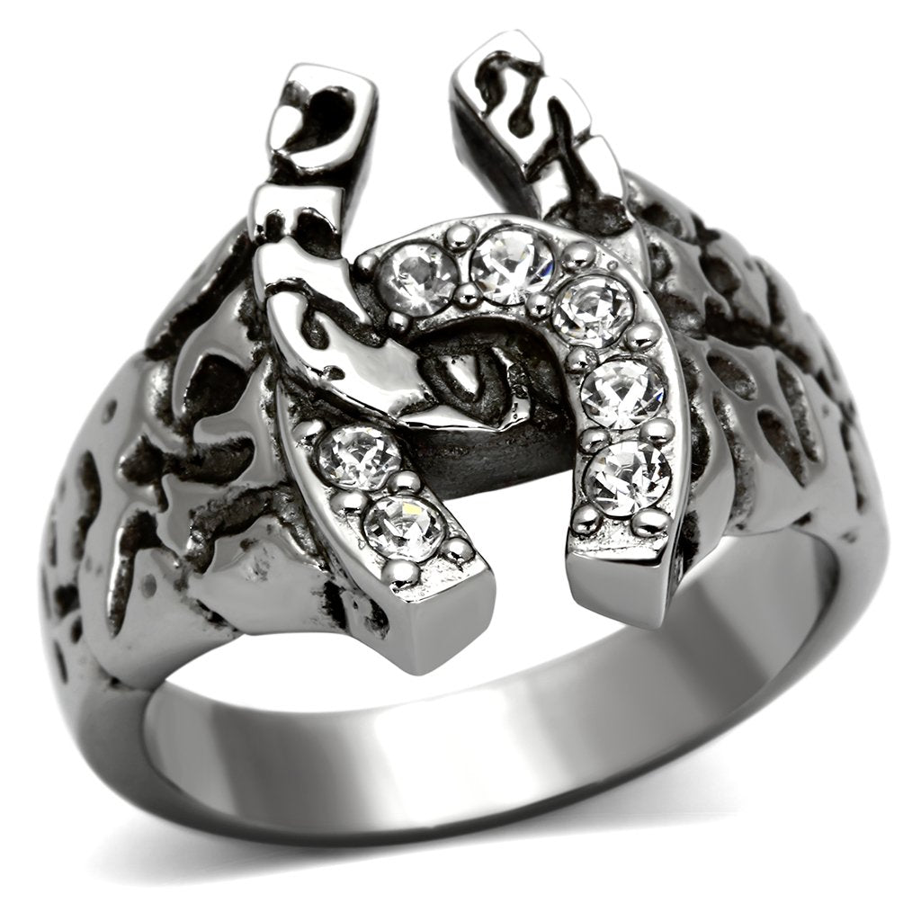 JCE961 High polished (no plating) Stainless Steel Ring with Top Grade Crystal  in Clear