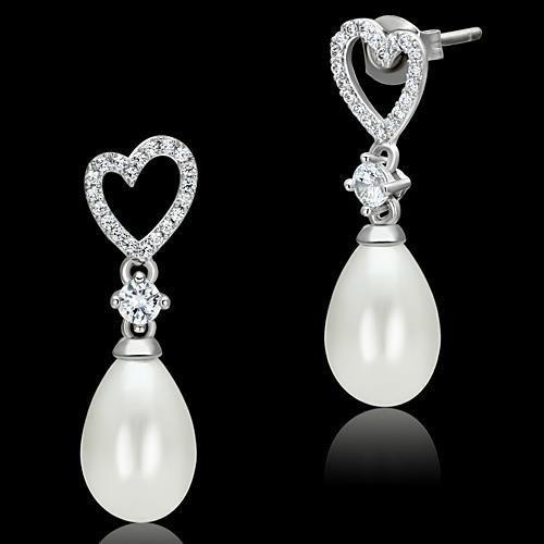 JCE064 Rhodium 925 Sterling Silver Earrings with Synthetic Pearl in White